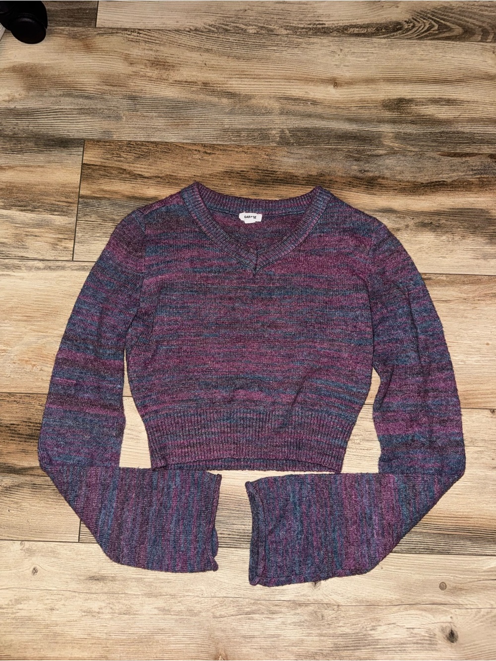 Garage Purple Blue Cropped Bell Sleeve Knit Sweater Size Small